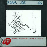 Black and white plan of the temple with labeled streets, buildings, and waterways.