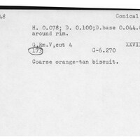 Index card with typed and handwritten information, sometimes including a sketch, of pottery from an excavation.