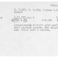 Index card with typed and handwritten information, sometimes including a sketch, of pottery from an excavation.