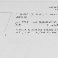 Index card with typed and handwritten information, sometimes including a sketch, of pottery from an excavation.
