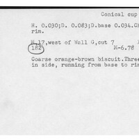 Index card with typed and handwritten information, sometimes including a sketch, of pottery from an excavation.