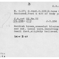 Index card with typed and handwritten information, sometimes including a sketch, of pottery from an excavation.