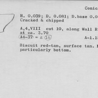 Index card with typed and handwritten information, sometimes including a sketch, of pottery from an excavation.