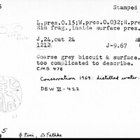 Index card with typed and handwritten information, sometimes including a sketch, of pottery from an excavation.