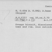 Index card with typed and handwritten information, sometimes including a sketch, of pottery from an excavation.