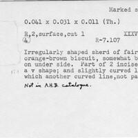 Index card with typed and handwritten information, sometimes including a sketch, of pottery from an excavation.