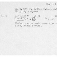 Index card with typed and handwritten information, sometimes including a sketch, of pottery from an excavation.
