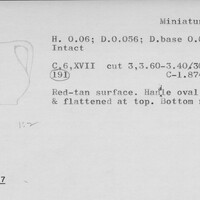 Index card with typed and handwritten information, sometimes including a sketch, of pottery from an excavation.