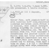 Index card with typed and handwritten information, sometimes including a sketch, of pottery from an excavation.