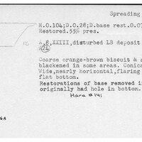 Index card with typed and handwritten information, sometimes including a sketch, of pottery from an excavation.