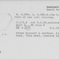 Index card with typed and handwritten information, sometimes including a sketch, of pottery from an excavation.
