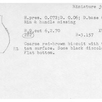 Index card with typed and handwritten information, sometimes including a sketch, of pottery from an excavation.