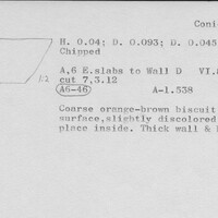 Index card with typed and handwritten information, sometimes including a sketch, of pottery from an excavation.