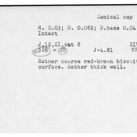 Index card with typed and handwritten information, sometimes including a sketch, of pottery from an excavation.