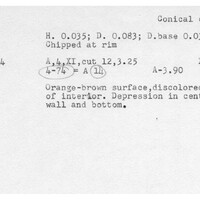Index card with typed and handwritten information, sometimes including a sketch, of pottery from an excavation.