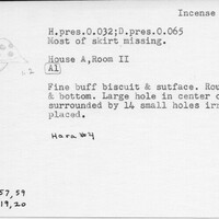 Index card with typed and handwritten information, sometimes including a sketch, of pottery from an excavation.