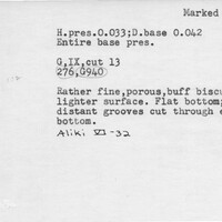 Index card with typed and handwritten information, sometimes including a sketch, of pottery from an excavation.