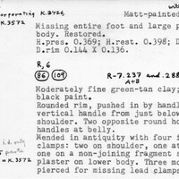 Index card with typed and handwritten information, sometimes including a sketch, of pottery from an excavation.