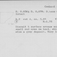 Index card with typed and handwritten information, sometimes including a sketch, of pottery from an excavation.