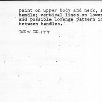 Index card with typed and handwritten information, sometimes including a sketch, of pottery from an excavation.