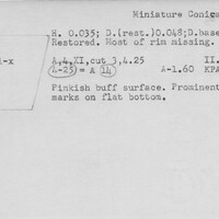 Index card with typed and handwritten information, sometimes including a sketch, of pottery from an excavation.