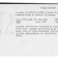 Index card with typed and handwritten information, sometimes including a sketch, of pottery from an excavation.