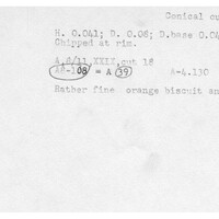 Index card with typed and handwritten information, sometimes including a sketch, of pottery from an excavation.