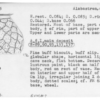 Index card with typed and handwritten information, sometimes including a sketch, of pottery from an excavation.
