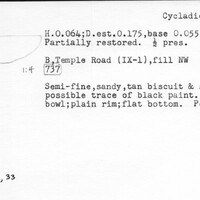 Index card with typed and handwritten information, sometimes including a sketch, of pottery from an excavation.