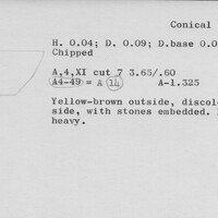 Index card with typed and handwritten information, sometimes including a sketch, of pottery from an excavation.