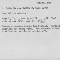 Index card with typed and handwritten information, sometimes including a sketch, of pottery from an excavation.