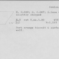 Index card with typed and handwritten information, sometimes including a sketch, of pottery from an excavation.