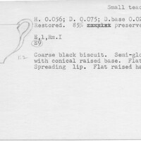 Index card with typed and handwritten information, sometimes including a sketch, of pottery from an excavation.