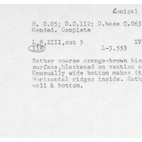 Index card with typed and handwritten information, sometimes including a sketch, of pottery from an excavation.