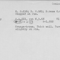 Index card with typed and handwritten information, sometimes including a sketch, of pottery from an excavation.