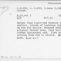Index card with typed and handwritten information, sometimes including a sketch, of pottery from an excavation.