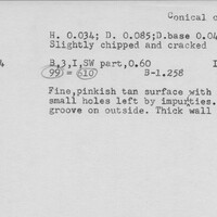 Index card with typed and handwritten information, sometimes including a sketch, of pottery from an excavation.
