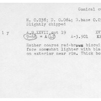 Index card with typed and handwritten information, sometimes including a sketch, of pottery from an excavation.