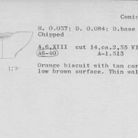 Index card with typed and handwritten information, sometimes including a sketch, of pottery from an excavation.