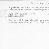 Index card with typed and handwritten information, sometimes including a sketch, of pottery from an excavation.
