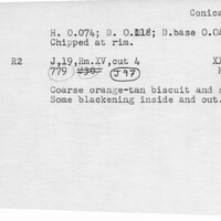 Index card with typed and handwritten information, sometimes including a sketch, of pottery from an excavation.