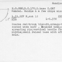 Index card with typed and handwritten information, sometimes including a sketch, of pottery from an excavation.