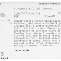 Index card with typed and handwritten information, sometimes including a sketch, of pottery from an excavation.