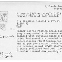 Index card with typed and handwritten information, sometimes including a sketch, of pottery from an excavation.