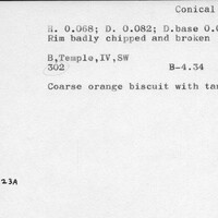 Index card with typed and handwritten information, sometimes including a sketch, of pottery from an excavation.