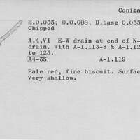 Index card with typed and handwritten information, sometimes including a sketch, of pottery from an excavation.