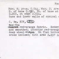 Index card with typed and handwritten information, sometimes including a sketch, of pottery from an excavation.