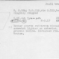 Index card with typed and handwritten information, sometimes including a sketch, of pottery from an excavation.