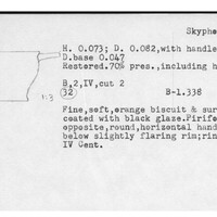 Index card with typed and handwritten information, sometimes including a sketch, of pottery from an excavation.