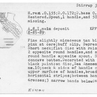 Index card with typed and handwritten information, sometimes including a sketch, of pottery from an excavation.